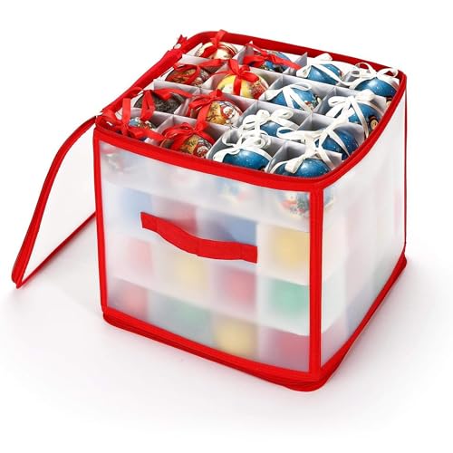Vinsani Bauble Christmas Tree Decoration Storage Box Foldable Ornament Organiser with Zip Closure & Side Handles Secure & Dust-Free Xmas Décor Storage (Red 64 Bauble)