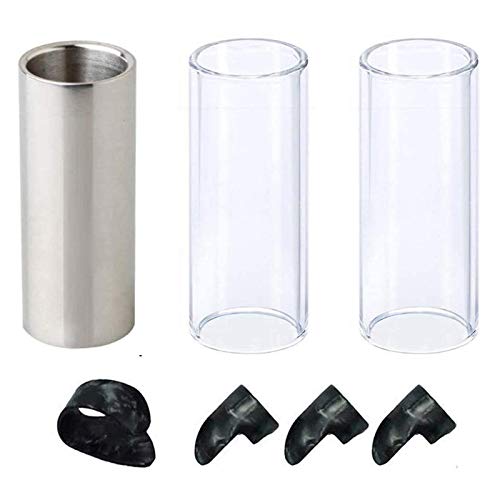 Guitar Slide, Set of 2 Glass Slides, 1 Steel Guitar Slide for Electric and Acoustic, 4 Finger Picks with Portable Box for Guitar and Bass, Medium (6 cm)