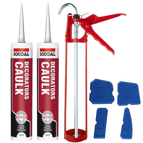 Decorators Caulk White Set - Bundle With Sealant Gun Silicone Tool Smoothing Set And White Caulk Gap And Crack Filler Acrylic Silicone Adhesive Sealant