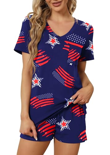 Image of RUBZOOF Women's Short Sleeve Pajama Sets with Pockets Casual V Neck 2 Piece Lounge Sets S-3XL