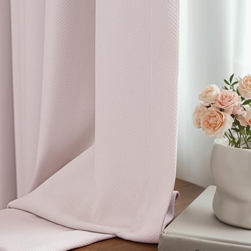 Image of FMFUNCTEX 100% Blackout Curtains for Bedroom, Pale Pink Curtains 72 Inches Long Textured Thermal Insulated Curtains for Living Room Drapes, Black Out Drapery Grommet Room Darkening 2 Panels