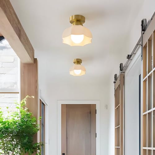 Image of Mid Century Brass Ceiling Light Industrial Glass Hallway Light Fixtures Retro Vintage Semi Flush Mount Close to Ceiling Light for Entryway Bathroom Foyer, Dome, White, X8022-Father