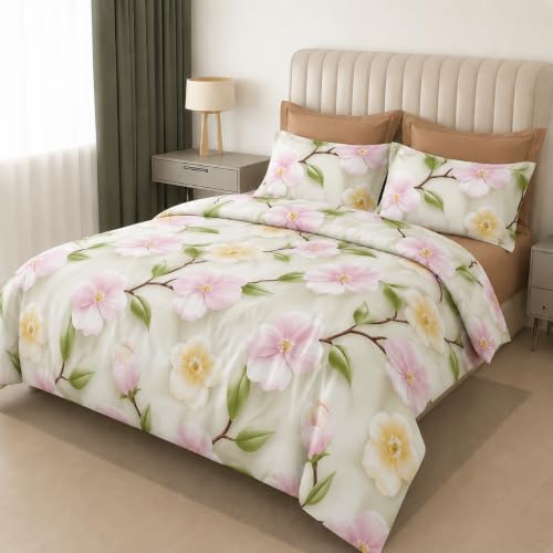Image of DECOR2ADMIRE 300 TC Premium 7D Print Super King Size Cotton Bedsheet Set with 2 Pillow Covers | Ultra Soft 108 inch x 108 inch | Elegant Floral Designs (Green Blossom)