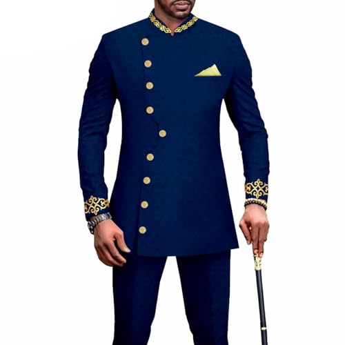 Men's 2 Piece Suit African Dashiki Blazer and Pants Gold Print Long Sleeve Button Shirt for Business Wedding