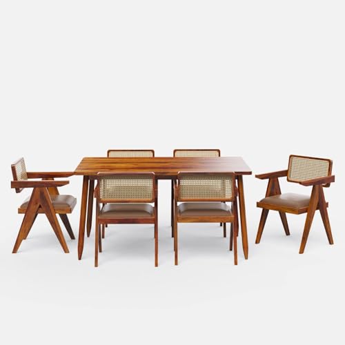 Image of Wooden Dining Table Set with 6 Chairs, Natural Oak, Rectangular, Modern Style, Cane Back Chairs with Cushions (Table (150 cm x 90 cm Cushion Couler Valvet)
