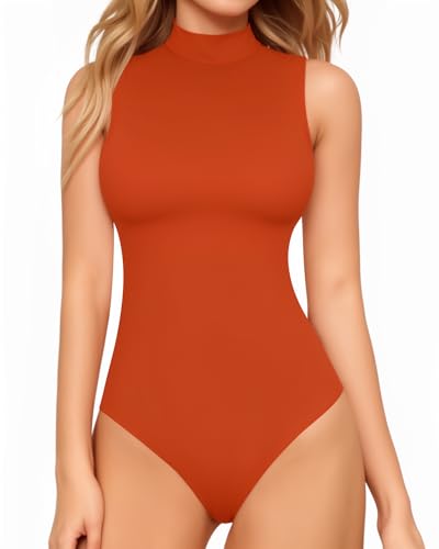 Image of MANGOPOP Women's Mock Turtle Neck Sleeveless Tank Tops Bodysuit, Sleeveless Sorrel, X-Large