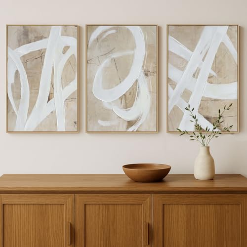Image of Zessonic Neutral Abstract White Brown Pastel Textured Wall Art,16 inchx24 inchx3 | Minimalist Paint Strokes Shapes Textured Framed Wall Decor Large Canvas Paintings- Living Room Bedroom Office Modern Neutral