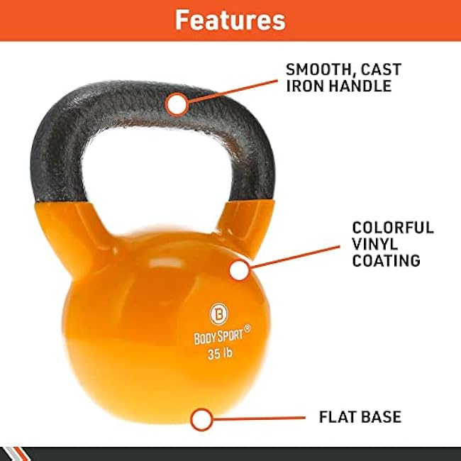 Body Sport Cast Iron Vinyl Coated Kettlebells ¨C Kettlebell for Weight Lifting ¨C Strength Training Kettlebell ¨C Professional Fitness for Gym & At Home