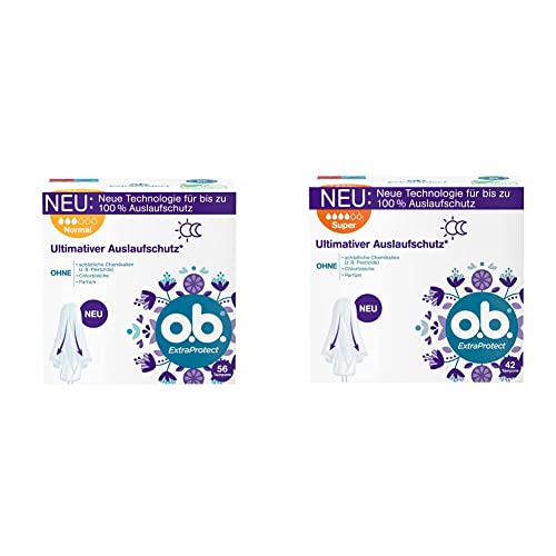o.b. Tampon ExtraProtect Normal, 56 Stück & ExtraProtect Super, Tampons für starke Tage mit Dynamic Fit Technologie & extra Schutzflügeln, für ultimativen Auslaufschutz* (1 x 42 Stück)