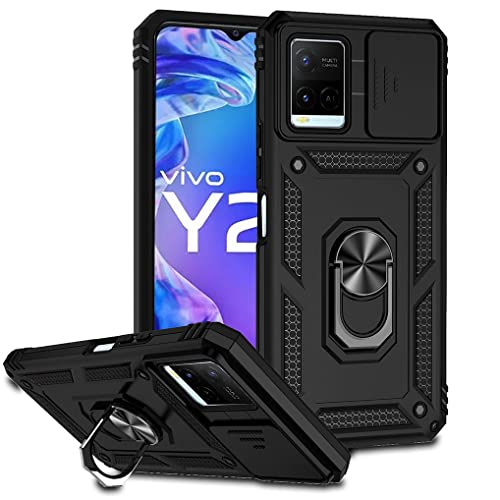 SEEKO Case for Vivo Y21 / Vivo Y21s / Vivo Y33s, Heavy Duty Hard Tough Silicone TPU Dual Layer Hybrid Shockproof Cover, with Slide Camera Cover and Ring Kickstand - Black