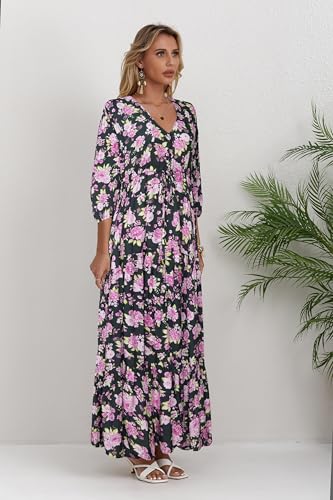 Image of Womens Boho Maxi Dress V Neck Short Sleeve Floral Print Sundress | Drawstring Waist, Flexible Fit, Breathable Loose Hem, Lightweight, Cool Summer Beachwear, Machine Washable.