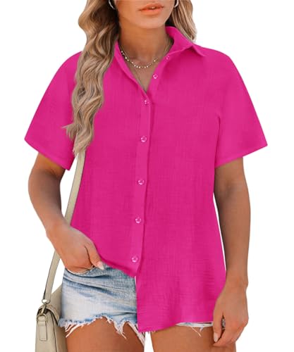 RITERA Womens Plus Size Tops Button Down Roll-Up Cuffed Short Sleeve T-Shirt Hot Pink Blouses Collared Shirts Summer Beach Cotton Tops Wrinkle Free Blouse Lightweight Tunics Casual 3XL 22W 24W