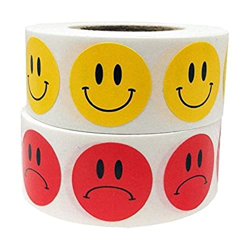 Happy Face Frowny Face Stickers Yellow Happy Red Sad Labels for Teachers 3/4 Inch Round Circle Dots 500 Stickers Per Design 1,000 Adhesive Stickers