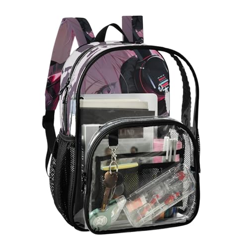 Anime Headphones Beautiful Clear Backpack, Heavy Duty PVC Transparent Backpacks, See Through Multiple Pockets Bookbag for Women Concert Sport Venues Work Travel2