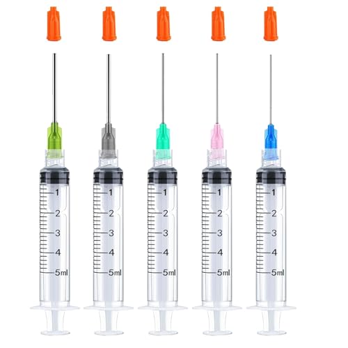 5Pack 5ml Ink Filling Syringe Luer Lock Plastic Syringes with Cap with Plastic 1.5 14Ga 16Ga 18Ga 20Ga 22Ga Blunt Needle Tip for Liquid Glue Oil Ink