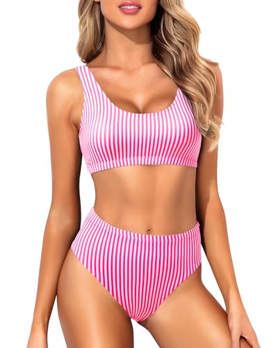 Image of Tempt Me Women Sporty Bikini Set Two Piece High Waisted Swimsuit Athletic Scoop Neck Bathing Suit