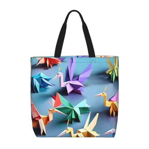 Hingor Origami   Bolsa de mano multicolor con estampado de grúas de papel para mujer, bolsa de playa grande, reutilizable, bolsa de comestibles para viajes, compras