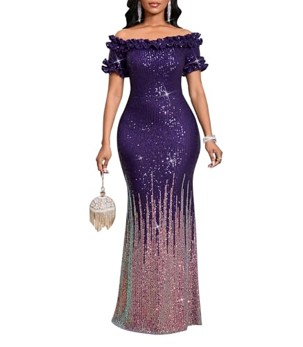 Image of dasmzper Women Sexy Sequin Off Shoulder Ruffle Short Sleeve Bodycon Mermaid Party Formal Evening Maxi Dress