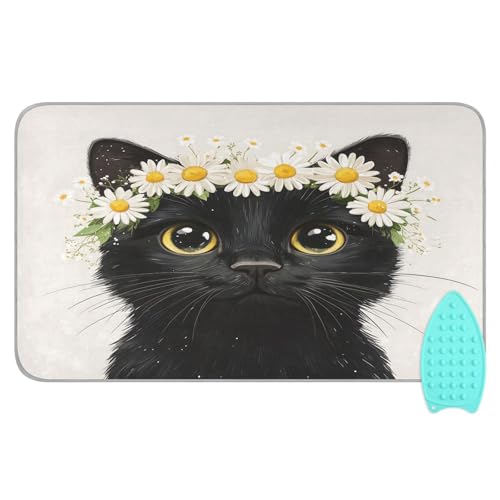 pnyoin Portable Ironing Mat Daisies and Black Cat Travel Ironing Pad with Silicone Iron Rest for Steam Pressing on Tabletop or Bed Heat Resistant Portable Quilting & Travel Blanket