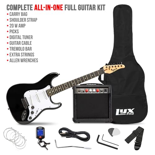 Image of LyxPro Electric Guitar 39 inch inch Complete Beginner Starter kit Full Size with 20w Amp, Package Includes All Accessories, Digital Tuner, Strings, Picks, Tremolo Bar, Shoulder Strap, and Case Bag - Black