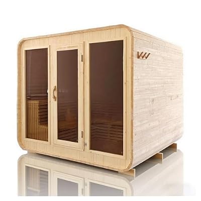 TaTalife 4-8Person Outdoor Square Sauna, Canadian Hemlock Outdoor Sauna,8 KW ETL Harvia Heater, Recliner, Porch,Waterprrof System, Double Reinforcement Relaxing Spa Experience
