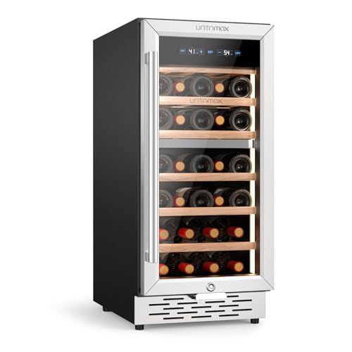 33 Bottles Wine Fridge Dual Zone Wine Cooler Refrigerator, 41-68℉ Freestanding Wine Cellar Built In for Red/White/Champagne, Temperature Memory Quiet Compressor Kitchen/Office, Stainless Steel