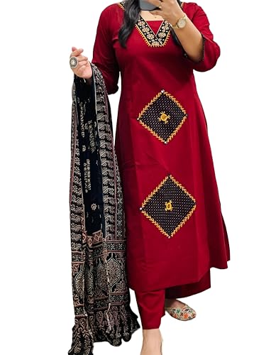 Image of BHARVITA Women's Rayon Handwork Embroidered and Printed Straight Kurta with Pant And Dupatta Sets