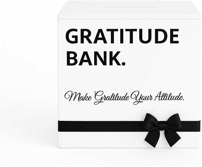 Gratitude Bank with Meditation Music, Pen, 50 Grateful Cards. A Self-Care Gift for Peace of Mind, Positive Thinking, Memory and Mental Wellness in 1minute. (Frost)