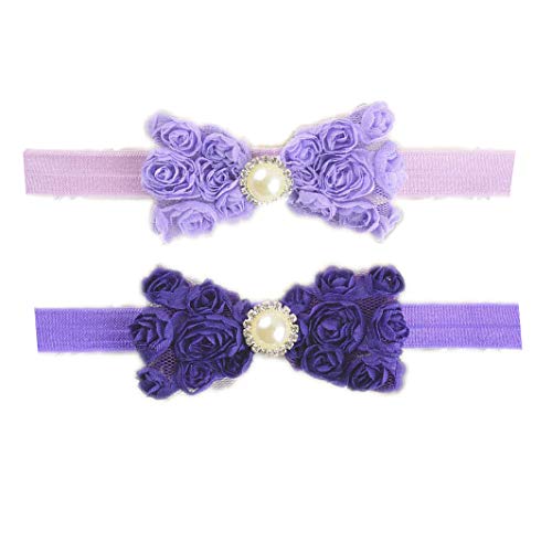 Baby Girls Headbands Lace Rose Bows Pearl Elastic Hair Band Kids with15 colors (Lavender+Purple)2