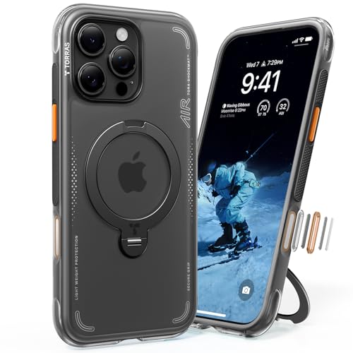 TORRAS iPhone 16 Pro Max 用 ケース【エアクッション 超強保護】米軍MIL規格 耐衝撃 多機能360度回転 スタンド 縦横両対応 リング ハルバッハマグネット搭載 MagSafe対応 ワイヤレス充電 カメラコントロールボタン付き 防指紋 黄ばみなし あいふおん16 Pro Max 用 カバー 6.9インチ Ostand Q3 Air 黒影 ブラック