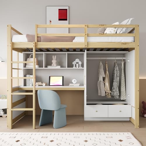 LZPUOUI Litera Cama Alta 90x200 Natural Madera Maciza Pino Escritorio Armario ropero cajones estanteria integrada 15 Lamas Carga 120kg Altura 174cm Adultos Estudiantes universitarios Vivienda Urbana