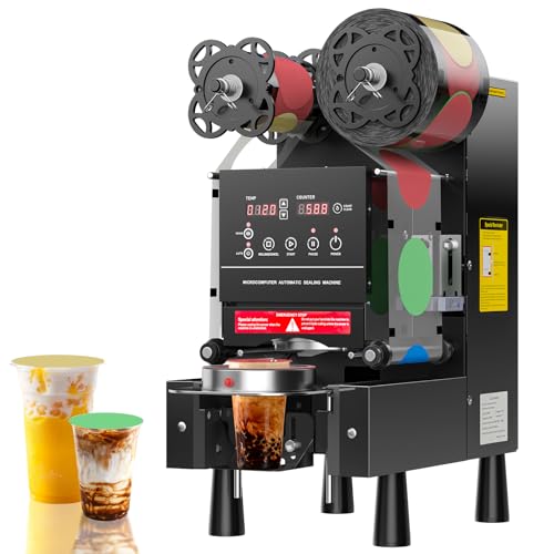 BriSunshine Cup Sealing Machine, Full Automatic Cup Sealer, 88/89/90/95 mm Electric Boba Machine, 600 Cups/H, Plastic & Paper Cups for Bubble Boba Tea Coffee Juice (Sealing Film Excluded)