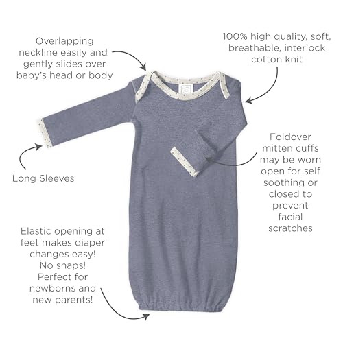 Image of SwaddleDesigns Softest Cotton Baby Pajama Gown with Foldover Mitten Cuffs for Infant Boy and Girl, Newborn, 0-3 Months