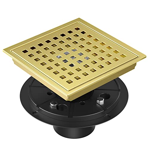 Dilvii Shower Drain Brushed Gold 6 Inch Square Floor Drain Stainless Steel Drain Kit with Flange Removable Grid Cover Hair Strainer