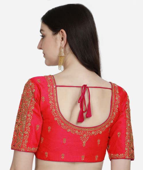 Pujia Mills Women's Flower Embroidery Sleeves Cut Work Readymade Saree Blouse (Red, 38)