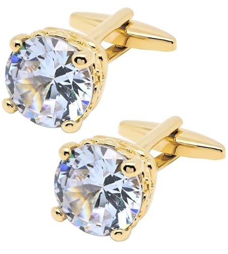 Polyhedral Zircon Gemstone Cufflinks for Men In Gift Case Round Golden/Silver Zircon Crystal Men's Cufflinks Set for Wedding Party Anniversary Business Events Dress