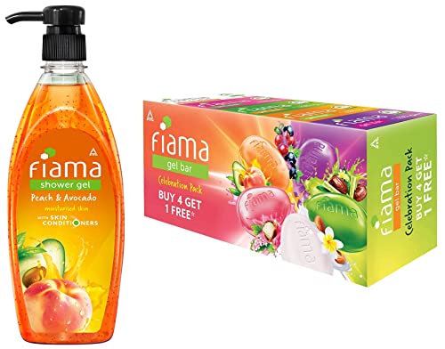 Image of Fiama Shower Gel Peach & Avocado, Body Wash, 500 ml pump & Fiama Gel Bar Celebration Pack, 125g Soap (Buy 4 Get 1 Free)