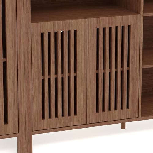 Image of Farmhouse Rustic TV Stand for TVs Up to 70 Inch, Entertainment Center with Bookshelves & Storage Cabinet, Multi-Purpose Media Console for Living Room or Bedroom