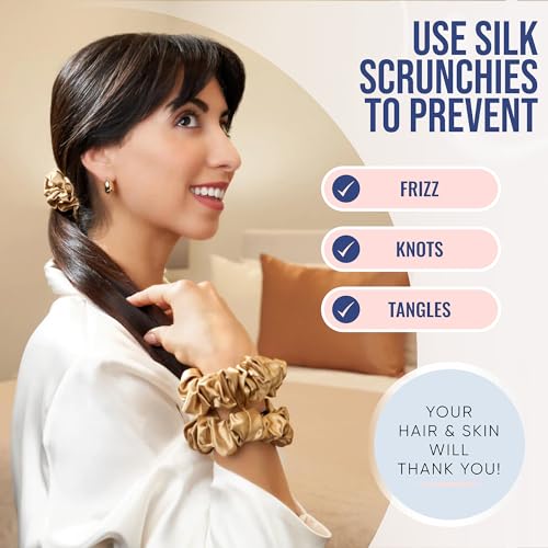 Image of Blissy Silk Scrunchies (3 Pack) - 100% Pure Mulberry Silk - 22 Momme 6A High-Grade Fibers Scrunchie for Straight & Curly Hair - Preventing Breakage, Tangling, & Creasing (Gold Regular)