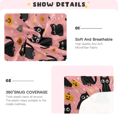 Image of Halloween Cute Cat Pinks Crib Sheets | Soft Breathable Fitted Baby Crib Sheets Mattress Cover for Girls Boys 52 inch x 28 inch x 9 inch