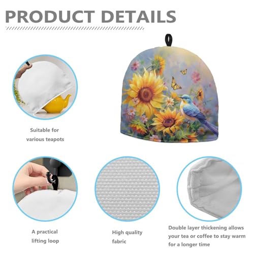 Image of Hummingbird Sunflower Tea Cozies Soft Tea Cozy for Teapot Insulated for Women,Dust Proof Reusable Teapot Insulation Cover Breakfast Warmer