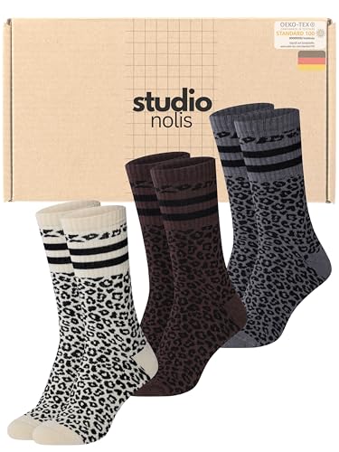 Studio Nolis Tennissocken Leo - 3er Set - Socken Damen Leo Print - Crew Socks Leopardenmuster - Streifen - Beige Braun Grau - Oekotex 100 Baumwolle (39-42 All Leo Classic)