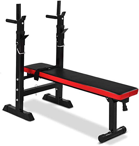 GYMAX Adjustable Weight Bench with Barbell Rack, Folding Lifting Bench for Full Body Exercise, Foldable Workout Sip Up/ Incline Bench for Home/Apartment