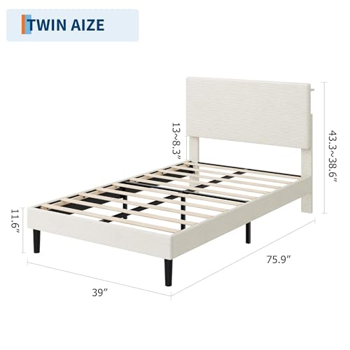 Image of GarveeLife Corduroy Upholstered Platform Bed Frame with USB Charging Station, Adjustable Storage Headboard, Wooden Slat Support, No Box Spring Needed, Easy Assembly,Twin Beige