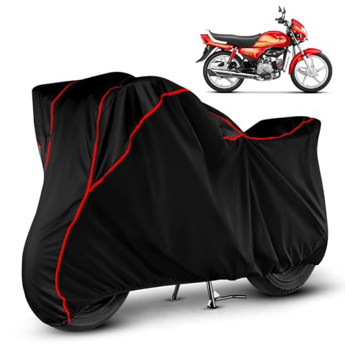 Image of Heavy Duty Waterproof Bike Cover for Hero HF Deluxe | All Weather Protection from Rain, Dust, Sun & Scratches | Universal Fit for All Bike & Scooty | Black Red Piping | HF Deluxe Bike Cover