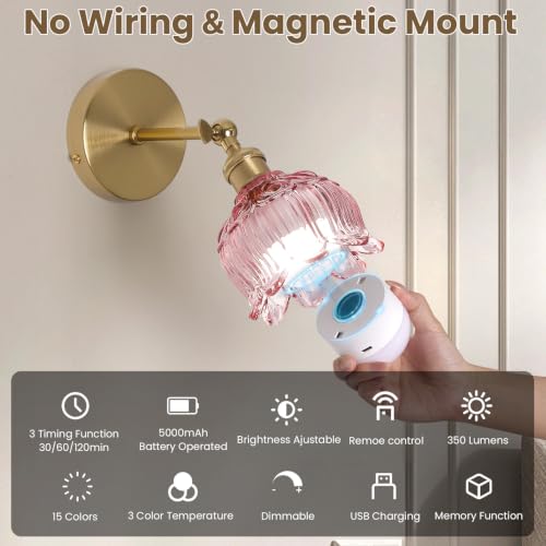 Image of Vintage Battery Operated Wall Sconce: Set of 2 Rechargeable Pink Sconce | 5000mAh Flower Glass Cordless Mounted Lighting, Wireless Dimmable Powered Light, Remote Control, Bedroom Bedside Indoor Decor