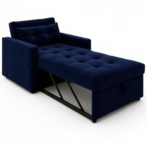 Image of FURNY Tressa 1 Seater Fabric Pull-Out Sofa Cum Bed (Dark Blue Color) - Premium Velvet Finish - Durable Comfort - Ideal for Living Room