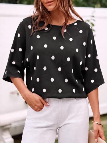 Image of Cicy Bell Womens Oversized Short Sleeve Sweaters Tops Knit Fall Pullovers | Half Sleeve Trendy Casual Loose Fit Sweater, Heart&ploka dot&floral pattern,Knitted Boat Neck Work Top for Teachers