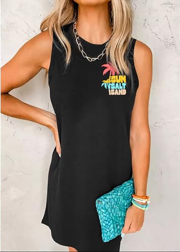 Image of MYHALF Summer Tank Dress for Women Sleeveless Beach Vacation Sundress Short Coconut Tree Sun Dress Casual Coverup