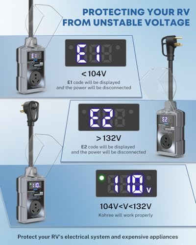 Image of Kohree RV Surge Protector 30 Amp, Surge Voltage Protection 14000J, Gray | RV Adapter Plug, Waterproof Cover, Auto Shut Off, LED Display Circuit Analyzer, for Travel Trailers Camper, 30A Gray